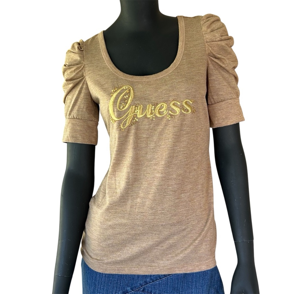 Vintage Y2K Guess Shirt Embroidered Sequins Puff Sleeves Shimmer